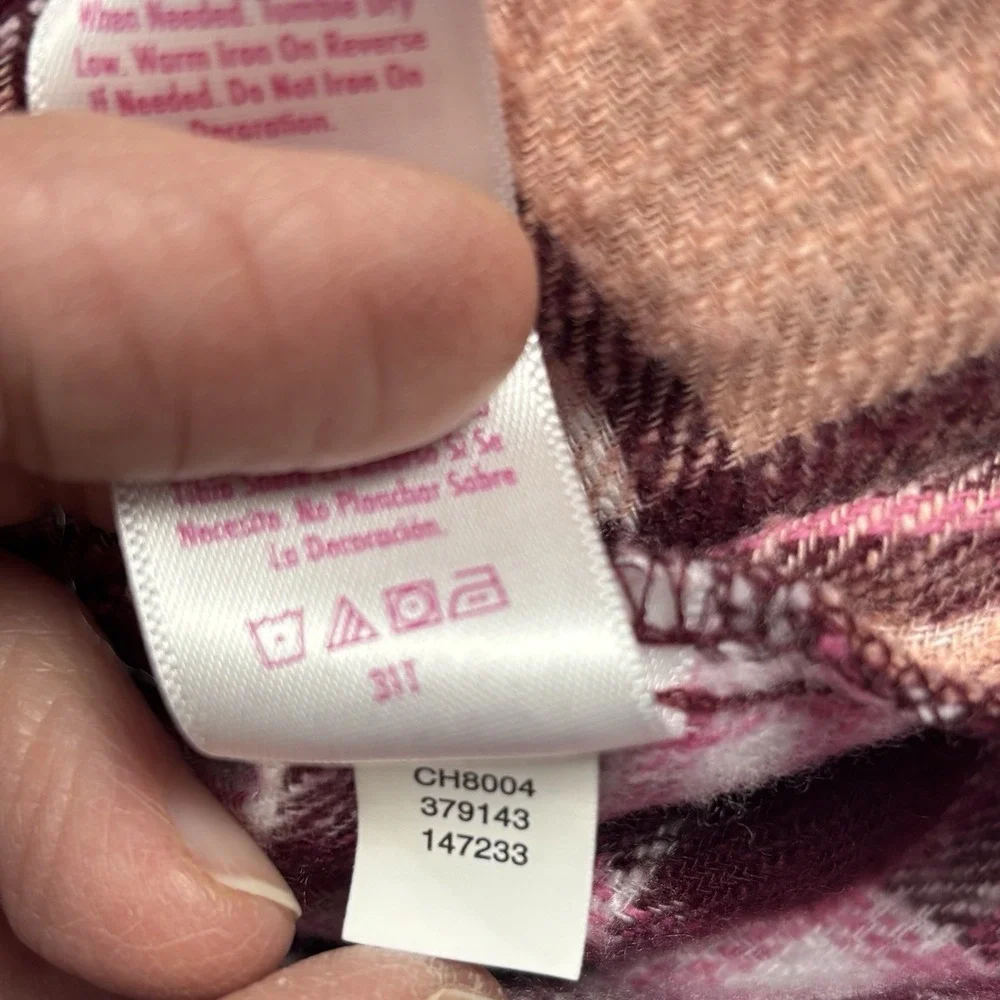 Justice Girls Long Sleeve Pink & Maroon Plaid Flannel Shirt W/Hood Size XS (5/6)